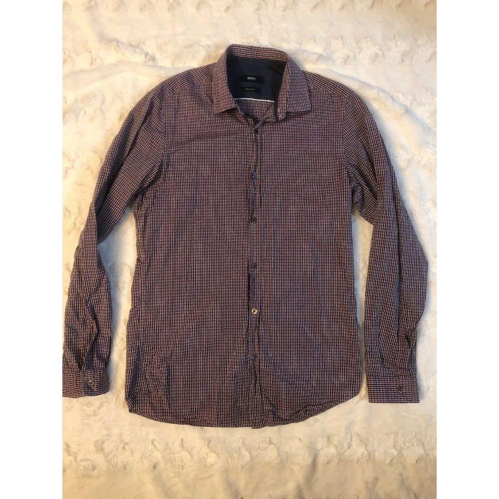 Hugo Boss Mens Shirt size SMALL Pink Blue Check Stripe Abstract LS Button up